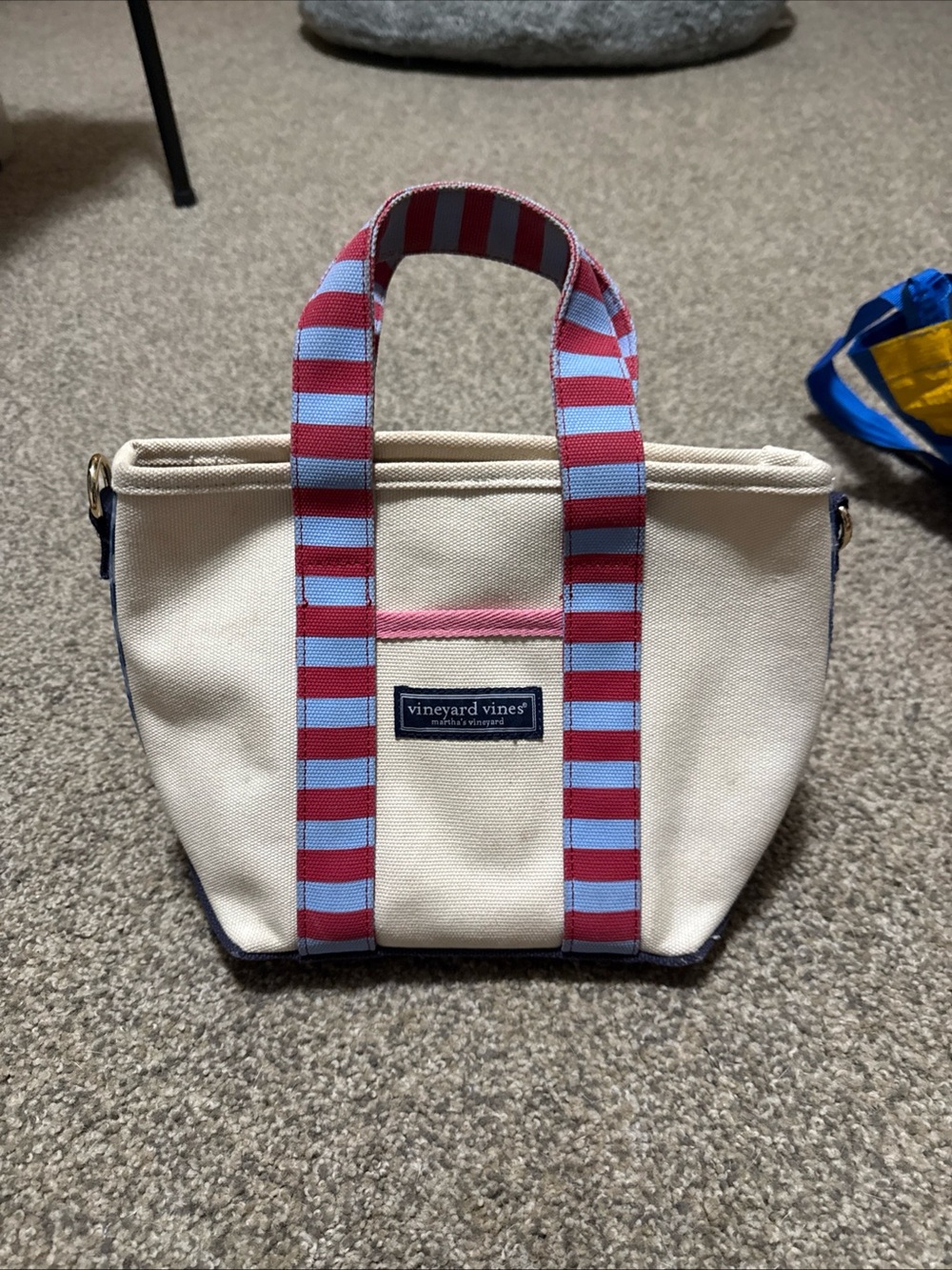 Vineyard Vines Cream Canvas Tote with Pink & Light Blue Striped Handles